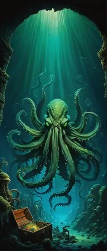 kraken,deep sea,the bottom of the sea,undersea,under sea,bottom of the sea,octopus,deep sea nautilus,cuthulu,nautilus,underwater background,cephalopod,god of the sea,apiarium,ocean floor,exploration of the sea,patrol,calamari,under the sea,squid game card,Art,Artistic Painting,Artistic Painting 33