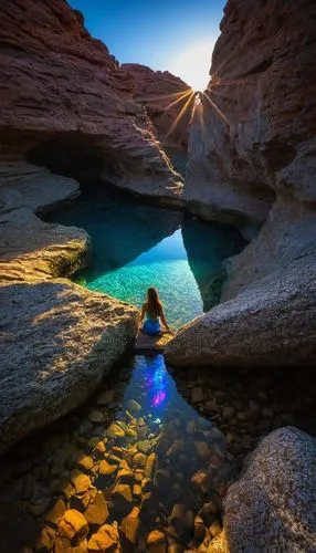 Mulher sereia loira cabelos longo, olhos azuis claro, calda de peixe azul brilhante sentada em um pedra penteando seus cabelos, fim de tarde,lake powell,fairyland canyon,al siq canyon,kayaking,colorfu