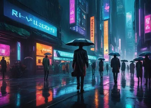 Futuristic cityscape, year 2030, skyscraper, neon lights, holographic advertisements, rainy night, reflective wet pavement, cyberpunk atmosphere, distant flying cars, towering trees with glowing leave