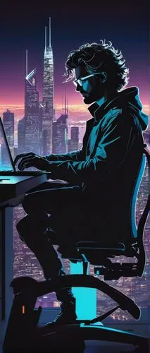 Modern software engineer, male, 30s, casual wear, glasses, messy hair, intense facial expression, coding, typing on laptop, ergonomic chair, sleek desk, futuristic laboratory, cityscape background, ni