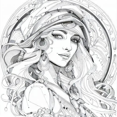 fantasy portrait,andromeda,zodiac sign libra,fae,nami,art nouveau,zodiac sign gemini,elven,rusalka,siren,mermaid vectors,boho art,aquarius,virgo,water nymph,dryad,sorceress,medusa,the sea maid,line-art