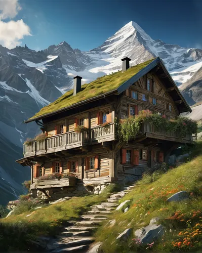 alpine village,house in mountains,zermatt,house in the mountains,mountain hut,mountain settlement,alpine hut,grindelwald,mountain huts,swiss house,the cabin in the mountains,alpine region,mountain village,ebenalp,the alps,swiss alps,chalet,fiescheralp,alpine pastures,alphütte,Conceptual Art,Fantasy,Fantasy 05