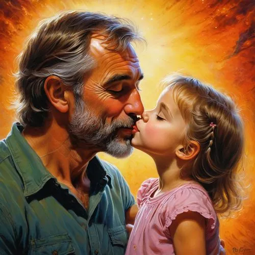 struzan,oil painting on canvas,father and daughter,oil painting,father's love,adoration,Illustration,Realistic Fantasy,Realistic Fantasy 32