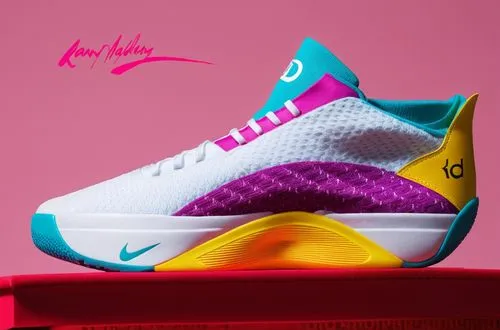 Canvas upper, mesh inlay, sock trim on collar, "kd" logo, sport sole with "Nike" logo,  magenta, yellow, teal, purple, and white color scheme ,Kevin Durant court shoe white/teal,pumaren,huarache,tinke