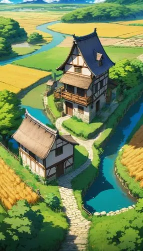 Scenery of a medieval house back from a natural passage and with a river alongside. But also having a dirt road and a small agricultural field of wheat.,yamada's rice fields,ghibli,kazoku,studio ghibl