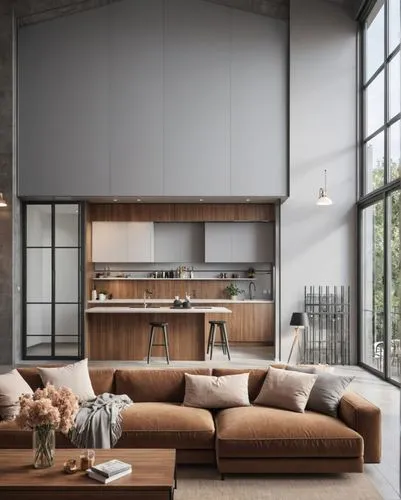 Architecture,a brown couch and chair in a room,minotti,scavolini,modern kitchen interior,modern kitchen,contemporary decor,modern minimalist kitchen,Photography,General,Realistic