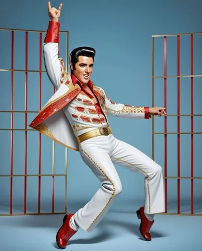 Caricature style drawing of a celebrity, big head, small body, exaggerated facial expressions. A 3D animated character resembling Elvis Presley, wearing a whiteA jumpsuit with red and gold accents, bl