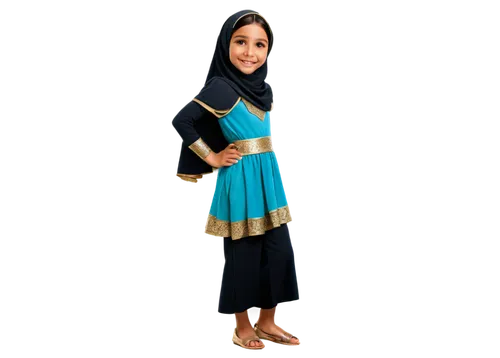 Cartoon Arab girl, solo, (10yo), big brown eyes, smiling face, black hair, headscarf, traditional clothing, golden jewelry, standing, one leg bent, playful pose, colorful background, vibrant colors, s