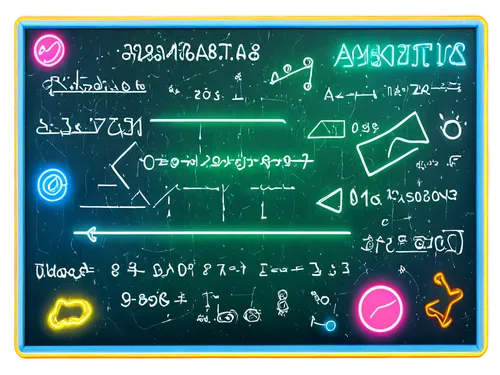 Chalkboard, mathematical formulas, equations, diagrams, illustrations, colorful markers, messy handwriting, geometric shapes, 3D models, abstract concepts, futuristic ambiance, neon lights, high-tech 