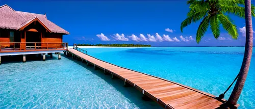 Maldives island, white sandy beach, crystal clear turquoise water, palm trees swaying gently, luxurious resort villa, overwater bungalow, sunny day, blue sky with few clouds, wooden pier, hammock, sno