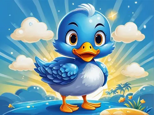 Cartoon blue duck, standing pose, shiny feathers, yellow beak, big round eyes, eyelashes, happy facial expression, webbed feet, sparkles around, children's book illustration style, bright blue backgro