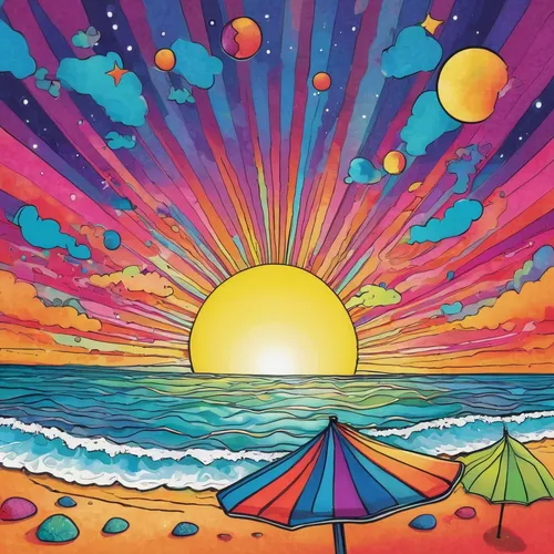 beach ball,3-fold sun,beach tent,summer beach umbrellas,sunrise beach,sunset beach,beach umbrella,beach towel,sunburst background,umbrella beach,sea beach-marigold,psychedelic art,sun and sea,dream beach,sun,summer background,beach landscape,summersun,beach background,colorful background,Illustration,Paper based,Paper Based 06