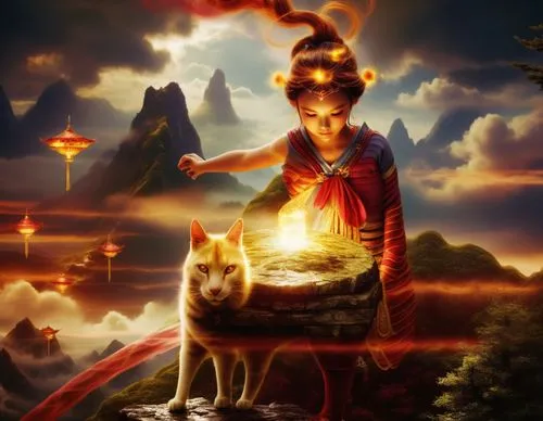 Traditional Beauty in Nature,a girl in a dress standing next to two cats,homam,abhidharma,guanyin,subhadra,vishwamitra,god shiva,Illustration,Abstract Fantasy,Abstract Fantasy 01