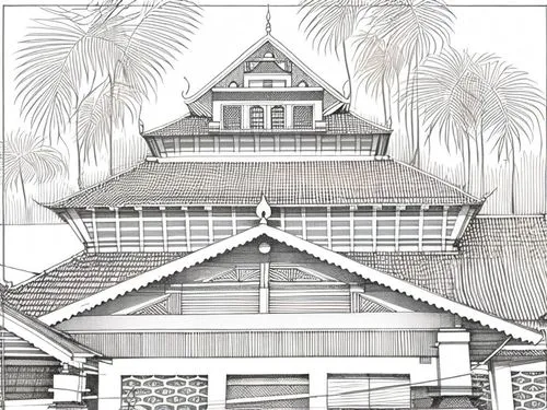 kerala architecture,house drawing,coloring page,garden elevation,houses clipart,rumah gadang,house floorplan,timber house,exterior decoration,coloring pages,bungalow,straw roofing,model house,renovati