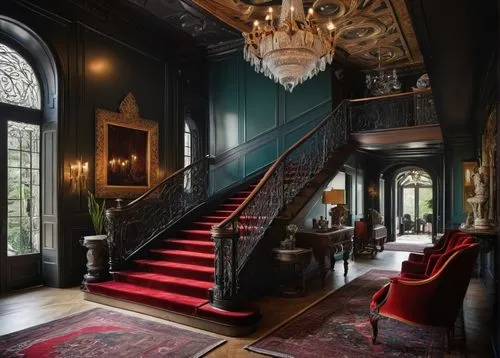 staircase,old victorian,victorian style,victorian,upstairs,burgard,victorian room,hallway,poshest,ornate room,outside staircase,opulently,brownstone,greystone,entrance hall,chateauesque,opulent,claridge,palatial,driehaus,Illustration,Black and White,Black and White 17