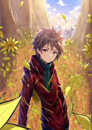 sobre ciudad futurista de fondo,anime character in the autumn of a park,autumn background,eguren,gellius,leaf background,isara,machias,Anime,Anime,Realistic