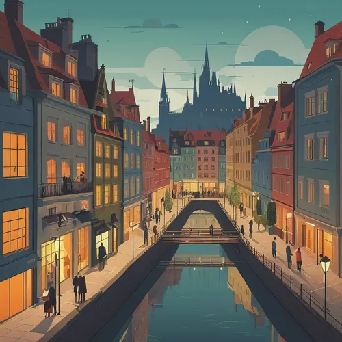 french digital background,city moat,hanseatic city,canals,muenster,paris clip art,strasbourg,copenhagen,bremen,bremen town musicians,evening city,nyhavn,world digital painting,fantasy city,colmar,cologne water,dusk background,colmar city,background vector,beautiful buildings,Illustration,Vector,Vector 05