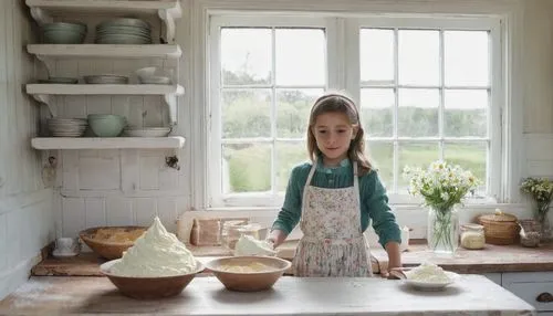 A 5-year-old girl לבושה שרוולים ארוכים, whips קצפת for a cake, next to the bowl is white cheese, baking powder, קליפות ביצים, oil and cornflour,girl in the kitchen,vintage kitchen,girl with cereal bow