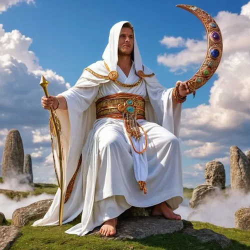 I would like an AI-generated image of a young druid wearing white robes, adorned with many bracelets and bands made of polished copper. The druid should be holding a sickle and sitting on a horizontal