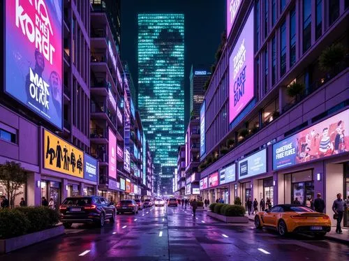 Neon-lit cityscape, futuristic skyscrapers, iridescent glass facades, holographic advertisements, vibrant purple and green hues, metallic silver accents, glowing blue lines, sleek aerodynamic shapes, 