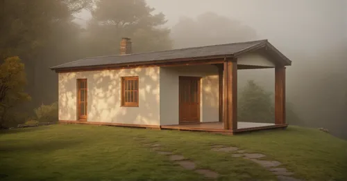 A small country house with a wooden facade, a metal roof. The image is made in the style of photorealism, with an emphasis on the light coming from the windows. A garden with bushes, trees and fog is 