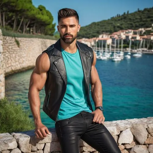 Muscular man, athletic build, short spiky hair, sharp jawline, bright blue eyes, small nose ring, sleeveless shirt, ripped jeans, Adidas sneakers, relaxed posture, leaning against a stone wall, Medite