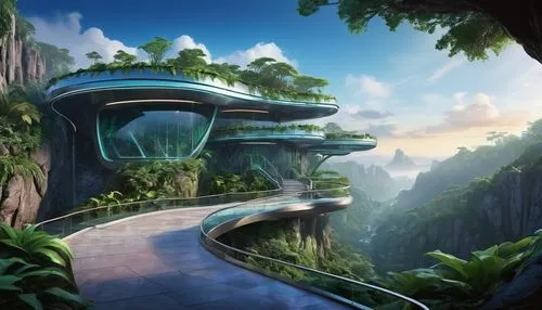 futuristic landscape,terraformed,futuristic architecture,ecotopia,biomes,skylands,arcology,yavin,floating islands,biospheres,terraforming,biosphere,rainforests,topia,collybia,cartoon video game background,skybridge,fallingwater,futuristic art museum,sky space concept,Illustration,American Style,American Style 03