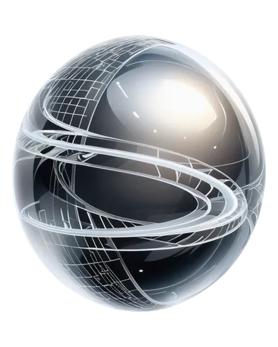 Corona, spherical shape, translucent glass material, intricate spiral pattern, metallic silver accents, glowing soft light emission, 3D rendering, high-definition details, futuristic sci-fi concept, d