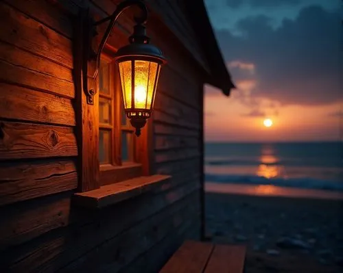 beach hut,illuminated lantern,wooden hut,wooden house,lamplight,night light,Photography,General,Realistic