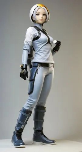 referencia personaje,a futuristic doll that is standing up wearing uniform,spacesuit,space suit,astronaut suit,extravehicular,spaceguard,spacesuits,Unique,3D,3D Character