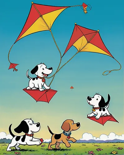 A group of puppies are flying kites,flying dogs,kites,fly a kite,sport kite,flying dog,flyball,kite flyer,dog cartoon,dog illustration,parachutes,snoopy,cover,kite climbing,hang gliding,parachuting,ho