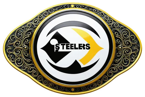 Steelers logo, Pittsburgh Steelers, NFL team emblem, yellow and black colors, stylized steelmark, hypocycloid shape, bold font, 3D metallic texture, shiny reflective surface, detailed shadowing, high-