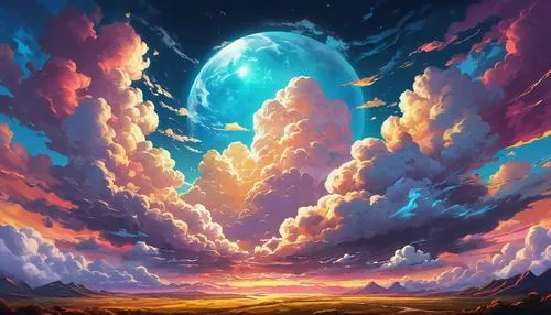 fantasy landscape,sky,lunar landscape,clouds - sky,dusk background,valley of the moon,epic sky,landscape background,vast,world digital painting,sky clouds,space art,fantasy picture,rainbow clouds,lunar,moon and star background,dusk,unicorn background,futuristic landscape,hanging moon,Conceptual Art,Daily,Daily 24