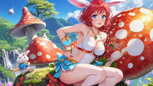 nami,fae,fairy world,candy island girl,strawberry,mock strawberry,mushroom landscape,fairy village,strawberries,toadstool,fairy forest,spring background,kos,toadstools,virginia strawberry,easter banner,fairy chimney,strawberry tree,wonderland,alice,Illustration,Japanese style,Japanese Style 01