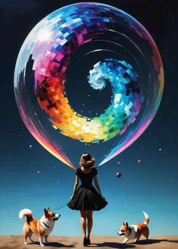 little girl with balloons,prism ball,nine-tailed,dream world,3d fantasy,colorful balloons,world digital painting,fantasy picture,swirly orb,crystal ball,five elements,star balloons,soap bubble,giant soap bubble,spirit ball,spheres,sci fiction illustration,balloon,swirling,swirls,Conceptual Art,Oil color,Oil Color 11