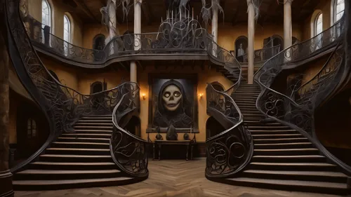 winding staircase,staircase,spiral staircase,hall of the fallen,circular staircase,witch's house,witch house,stairway,dark cabinetry,outside staircase,stairwell,the threshold of the house,the throne,skull bones,ornate room,ghost castle,banister,castle of the corvin,haunted cathedral,sepulchre,Photography,General,Natural