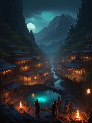 night scene,mountain village,mountain settlement,fantasy landscape,fishing village,world digital painting,alpine village,shambhala,game illustration,hotsprings,yamatai,oxenhorn,lanterns,aurora village,dalixia,fantasy picture,riftwar,verzasca,villages,onsen,Illustration,Realistic Fantasy,Realistic Fantasy 28