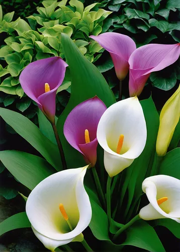 Describe the beauty of zantedeschia flowers in a tranquil garden.,calla lilies,calla lily,flowers png,easter lilies,tulipan violet,crocus flowers,peace lilies,strelitzia orchids,purple irises,crocuses