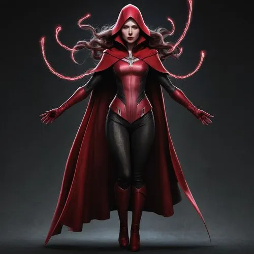 scarlet witch,darth talon,wanda,red super hero,huntress,red lantern,evil woman,marvel figurine,3d figure,red,devil,figure of justice,goddess of justice,the enchantress,fantasy woman,widow,dodge warlock,sorceress,concept art,red cape,Illustration,Realistic Fantasy,Realistic Fantasy 17