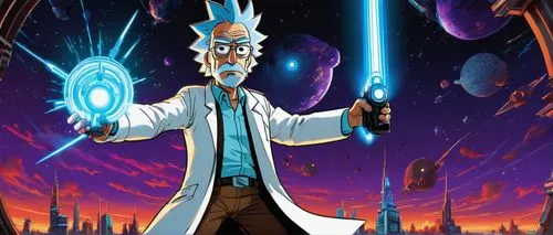 Rick Sanchez, cartoon character, dynamic pose, detailed wrinkles, white lab coat, blue shirt, brown pants, black boots, crazy hair, glasses, intense expression, holding a portal gun, standing in front