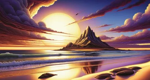 a painting shows an island with a sunset and sky in the background,volcanic landscape,fantasy landscape,futuristic landscape,dune landscape,landscape background,alien planet,Illustration,Realistic Fan