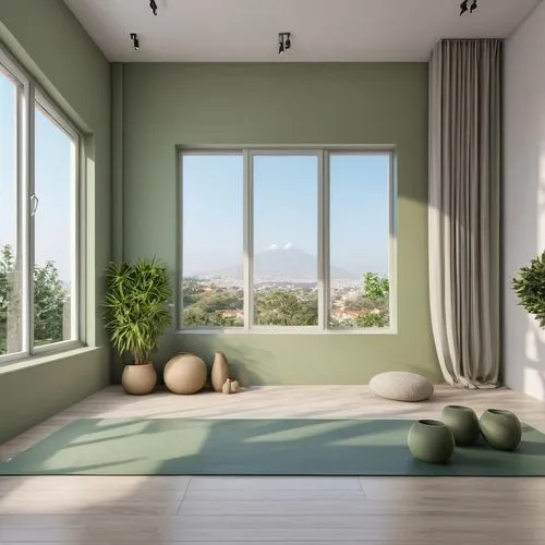 HAZ UN ESTUDIO DE YOGA Y PILATES EQUIPADO CON ALGUNOS TONOS DE GRIS, VERDE, BEIGE Y BLANCO SIN VENTANAS SOLO PAREDES,modern room,green living,bedroom window,aaaa,bedroom,3d rendering,great room,living