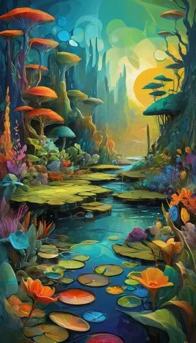 mushroom landscape,underwater landscape,fantasy landscape,underwater oasis,mushroom island,underwater background,lagoon,acid lake,fairy world,world digital painting,aquarium,waterscape,water scape,coral reef,kaleidoscape,futuristic landscape,koi pond,fishes,fantasy art,poissons,Art,Artistic Painting,Artistic Painting 38