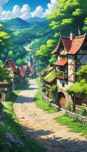 butka,meteora,mountain village,alpine village,ghibli,knight village,violet evergarden,sylvania,machico,landscape background,aurora village,uzak,countryside,vesperia,studio ghibli,yazaki,rural landscape,mountain settlement,yoshikuni,highstein,Illustration,Japanese style,Japanese Style 03