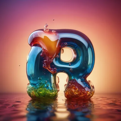 The 3D character, "R", is made of fluid glass , organic life form,refractive surfaces,inflatable, which are colorful and photo-realistic,cinema 4d,b3d,letter d,3d object,fortieth,letter o,3d,50 years,