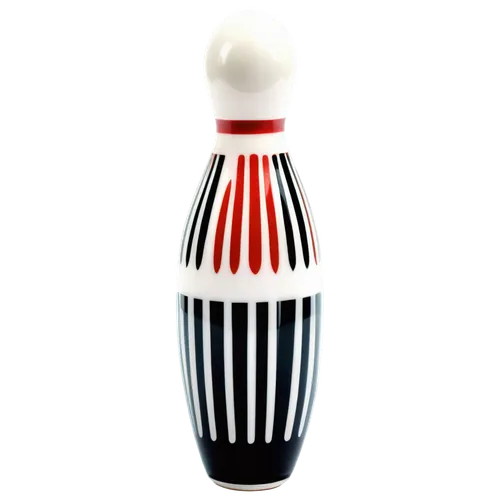 Transparent bowling pin, glossy surface, reflective material, cylindrical shape, rounded top, white and black stripes, standing upright, solo, detailed texture, soft focus, shallow depth of field, stu