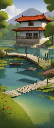 house with lake,boathouse,house by the water,pond,lotus pond,wetlands,wetland,lily pond,lake tanuki,japanese garden,dock,houseboat,lakeside,floating huts,boat house,golden pavilion,lotus on pond,ricefield,landscape background,ginkaku-ji,Art,Artistic Painting,Artistic Painting 29