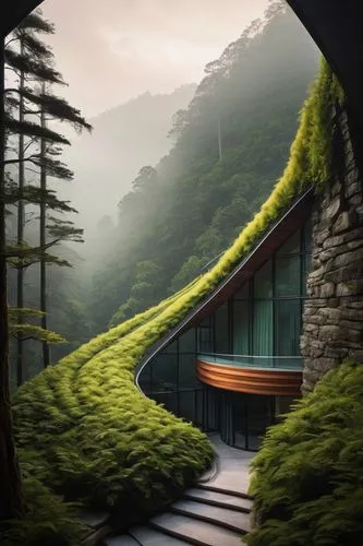 house in mountains,house in the mountains,futuristic landscape,roof landscape,futuristic architecture,forest house,house in the forest,teahouse,mountainside,the cabin in the mountains,fallingwater,home landscape,grass roof,dreamhouse,cliffside,skybridge,mountain huts,moss landscape,landscaped,skyways,Illustration,Abstract Fantasy,Abstract Fantasy 19