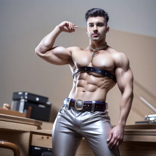 A handsome shirtless male exotic dancer wearing leather pants with a belt buckle that has his name on it,bodybuilding supplement,bodybuilder,body building,bodybuilding,male model,danila bagrov,body-bu