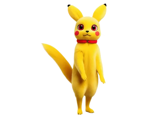 Yellow Pikachy, cute expression, bright big eyes, red cheeks, yellow fur, electric pouches, standing pose, front view, 3/4 composition, soft focus, warm lighting, cinematic rendering, high-quality det